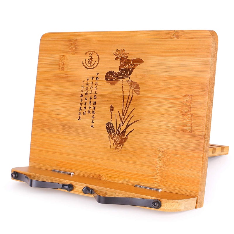 MEGREZ Bamboo Book Stand 11 x 8.0 inch, Foldable Cookbook Holder with 6 Adjustable Height, Reading Book Holder for Recipe, Music Book, Textbook, Tablet Stand, The Language of Lotus - Image 1